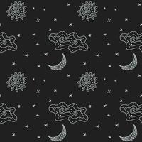 Night sky pattern with stars, moon, sun, cloud. Cute simple abstract seamless pattern. Tileable tribal texture for design. Doodle vector illustration