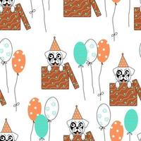 Dog pattern with balloons. Birthday party with pug puppy looks out from gift box and ballons. Repeat texture with dog on white background for party design, present, gift, happy event. Vector