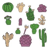 Cactuses Group of outline hand drawn cactuses. Doodle elements for design. Desert plants. Vector illustration isolated on white background