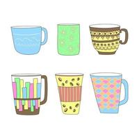 conjunto de diseño dibujado a mano de taza y taza. taza colorida, vaso para té, café, agua y bebidas. ilustración vectorial aislada en la espalda blanca vector