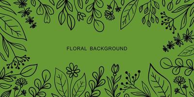 fondo vectorial verde claro con flores de fideos negros y ramitas en los bordes vector