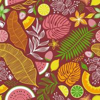 patrón de vector transparente rosa con hojas y frutas tropicales multicolores brillantes