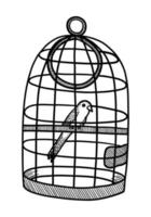 VECTOR ILLUSTRATION OF A BIRD IN A CAGE ISOLATED ON A WHITE BACKGROUND. DOODLE DRAWING BY HAND