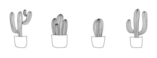 Set of cactus. Flowers in pots are drawn with a black line on a white background. Vector drawing lines