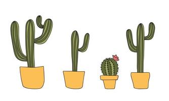 conjunto vectorial de coloridas plantas de cactus en macetas de colores con contornos. plantas exóticas y tropicales - cactus para diseño aislado sobre fondo blanco. cactus dibujados a mano para el diseño. vector