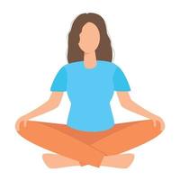 Young woman sitting cross legged on floor and meditating. Meditation, relaxation at home, spiritual practice, yoga and breathing exercise. Flat isolated colorful vector illustration.