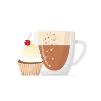 Glass cup of cappuccino or late with muffin. Cupcake with cherry and coffee. Vector illustration