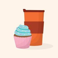 Cup of cappuccino or late with muffin. Cupcake with cherry and coffee. Vector illustration
