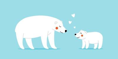 Cute polar bears - a mother and a baby standing on blue background vector
