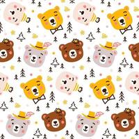 Seamless vector pattern with cute happy bear cub heads