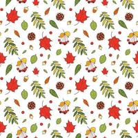 patrón otoñal brillante con arce multicolor y hojas de serbal, bayas y bellotas vector