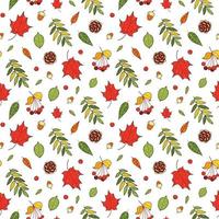 Bright autumn pattern with multi-colored maple and rowan leaves, berries and acorns vector