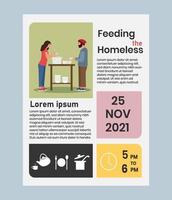 alimentando a los sin techo. apoyo de las personas necesitadas. ayudar a los pobres o refugiados. diseño para caridad, organización de voluntarios. plantilla para volante. cartel del programa de voluntariado vectorial, infografía. vector