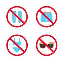 Forbidden signs no  bikinis, no shorts,  no slippers, no sunglasses. Set of symbols prohibiting the passage of people in beachwear. Vector illustration