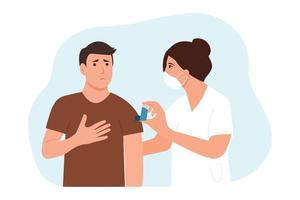 Bronchial asthma diagnosis, treatment and medicine, shortness of breath, respiratory attack, allergy cough.Doctor and patient.Asthma inhaler against attack. Vector illustration