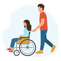 una mujer discapacitada se divierte con su amiga. sonriente joven mujer inclusiva en silla de ruedas con novio amoroso detrás.ayuda social y apoyo ilustración vectorial vector
