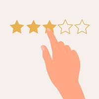 Hand finger pointing to  five star rating. Testimonials, rating, feedback, survey, quality and review. Vector illustration in flat style