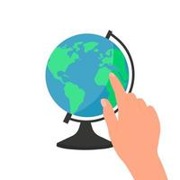 School globe icon.  Finger points to a point on the globe. Vector illustration isolated on white background in flat style