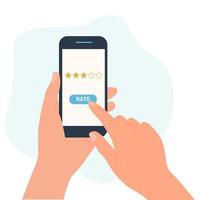 Rating of mobile app. Hand holding phone and finger touches screen with rating feedback scale. Flat design vector illustration