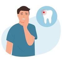 Young male feeling pain, holding his cheek with hand, suffering from bad toothache. Man with  painful expression.Caries. Severe tooth pain. Vector illustration in cartoon style isolated