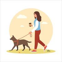 A young girl walks the dog. Coffee in hand. Vector illustration.