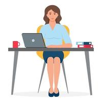 A young girl is sitting in an office and working on a laptop.Female in at workplace with cup of coffee. Concept of freelance or office job.Vector illusrtastion isolated vector