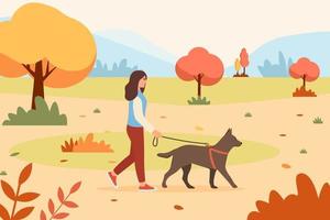 mujer paseando a un perro en el parque de otoño. cuidado de mascotas. naturaleza otoñal. ilustración vectorial en estilo plano.