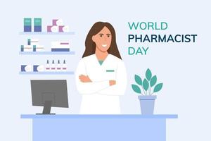 World pharmacist day.Smilling Pharmacist female at counter in pharmacy. Card or poster with female pharmacist. Vector illustration in flat style