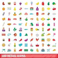 100 iconos de venta al por menor, estilo de dibujos animados vector