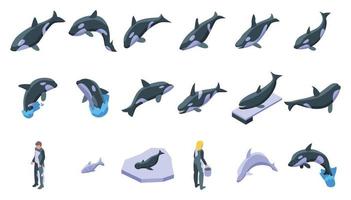 Killer whale icons set, isometric style vector