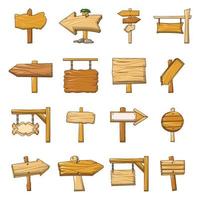 Signpost road wooden icons set, cartoon style vector