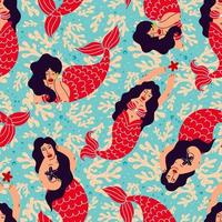 Seamless pattern with brunette mermaids and corals on a blue background vector