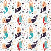 Seamless pattern with mermaids and marine life vector