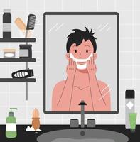 A man shaves in front of the bathroom mirror vector