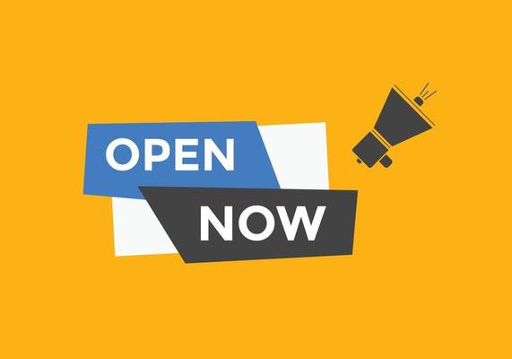 Open Now button. Open Now text web banner template. Sign icon banner