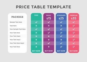 Colorful comparison pricing template. Pricing or subscription plan pricing chart. Price chart template vector