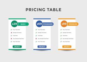 Comparación de precios de paquetes de suscripción. tabla de precios del plan de negocios. tabla de comparación. degradado de color vector