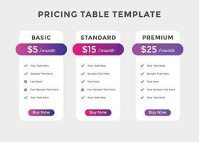 Subscription Package Pricing Comparison. business plan pricing chart. Comparison table. Gradient color vector