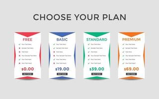 Comparación de precios de paquetes de suscripción. tabla de precios del plan de negocios. tabla de comparación. degradado de color vector