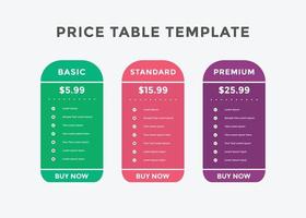 Colorful comparison pricing template. Pricing or subscription plan pricing chart. Price chart template vector