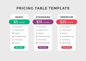 Comparación de precios de paquetes de suscripción. tabla de precios del plan de negocios. tabla de comparación. degradado de color vector