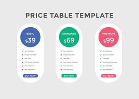 Product price table template. Subscription Package Pricing Comparison. business plans web comparison price vector