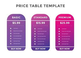 Colorful comparison pricing template. Pricing or subscription plan pricing chart. Price chart template vector