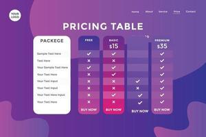 Landing page product package price for website. Price chart template. business plan pricing list. Gradient Color vector