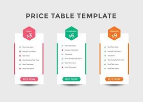 Comparación de precios de paquetes de suscripción. tabla de precios del plan de negocios. tabla de comparación. degradado de color vector