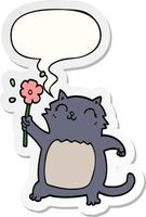 cartoon cat and flower and speech bubble sticker vector