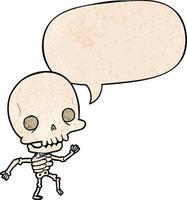 cute cartoon dancing skeleton and speech bubble in retro texture style vector