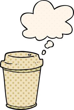 taza de café para llevar de dibujos animados y burbuja de pensamiento al estilo de un libro de historietas vector