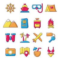 Travel summer icons set, cartoon style vector