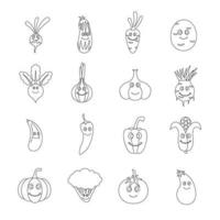 Smiling vegetables icons set, outline style vector